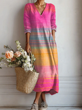 Ingrid | Damen Gestreiftes Maxikleid V-Ausschnitt Langarm