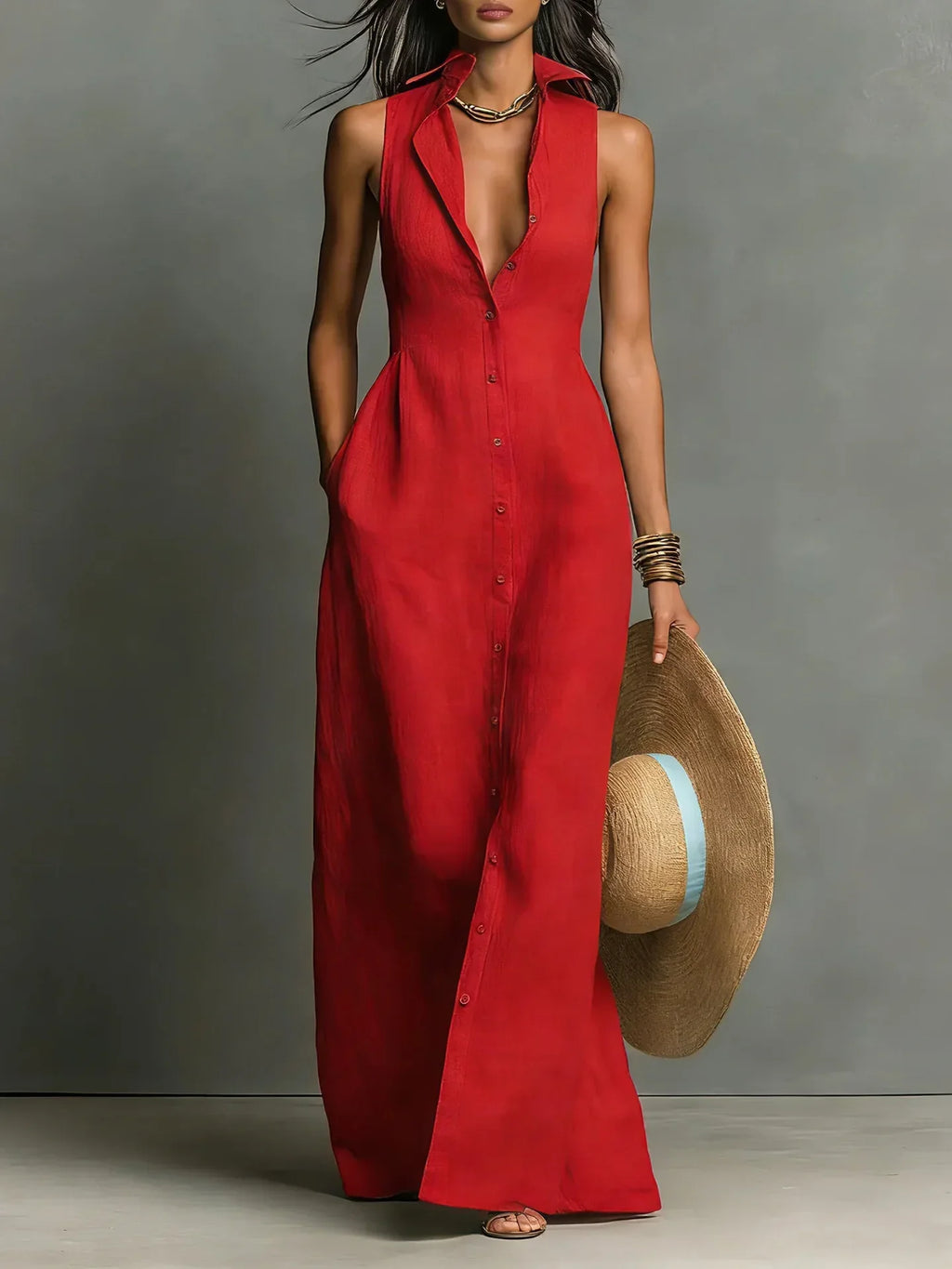 Johanna | Damen Ärmelloses Hemdblusenkleid Maxikleid