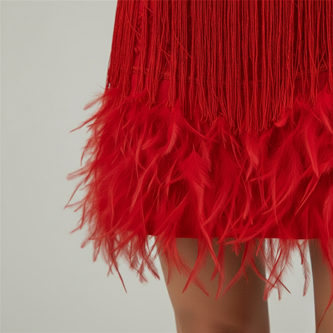 Lavinn | Damen Fransenkleid Minikleid mit Federn Träger