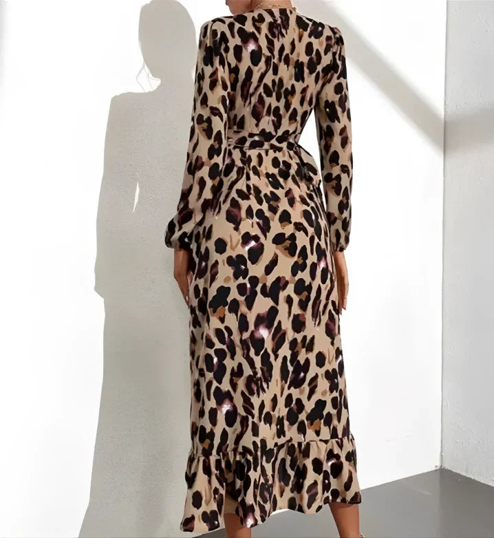 Naomi | Damen Leopardenmuster Kleid Langarm Midi V-Ausschnitt