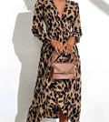 Naomi | Damen Leopardenmuster Kleid Langarm Midi V-Ausschnitt