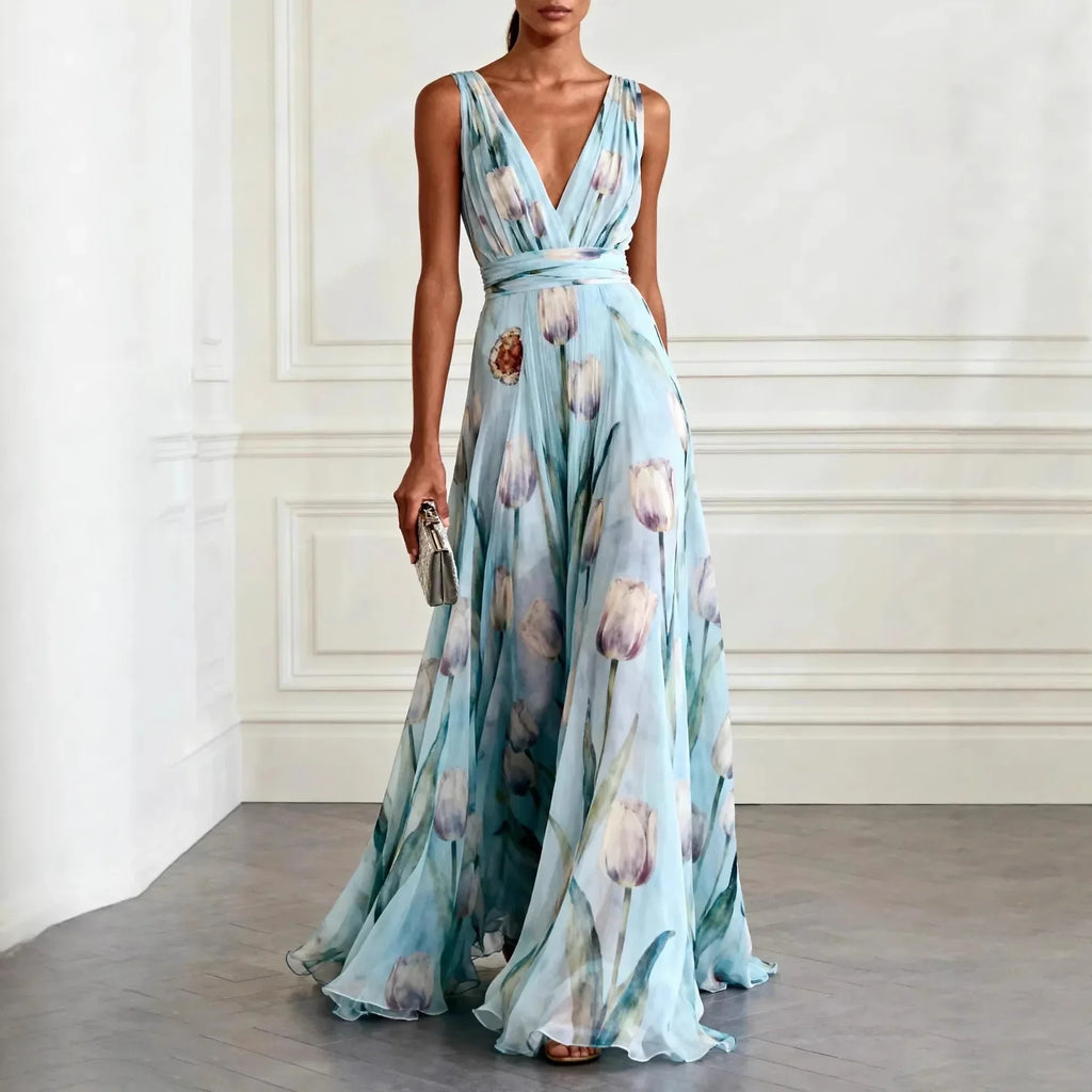 Mathilde | Damen V-Ausschnitt Maxikleid Blumenmuster