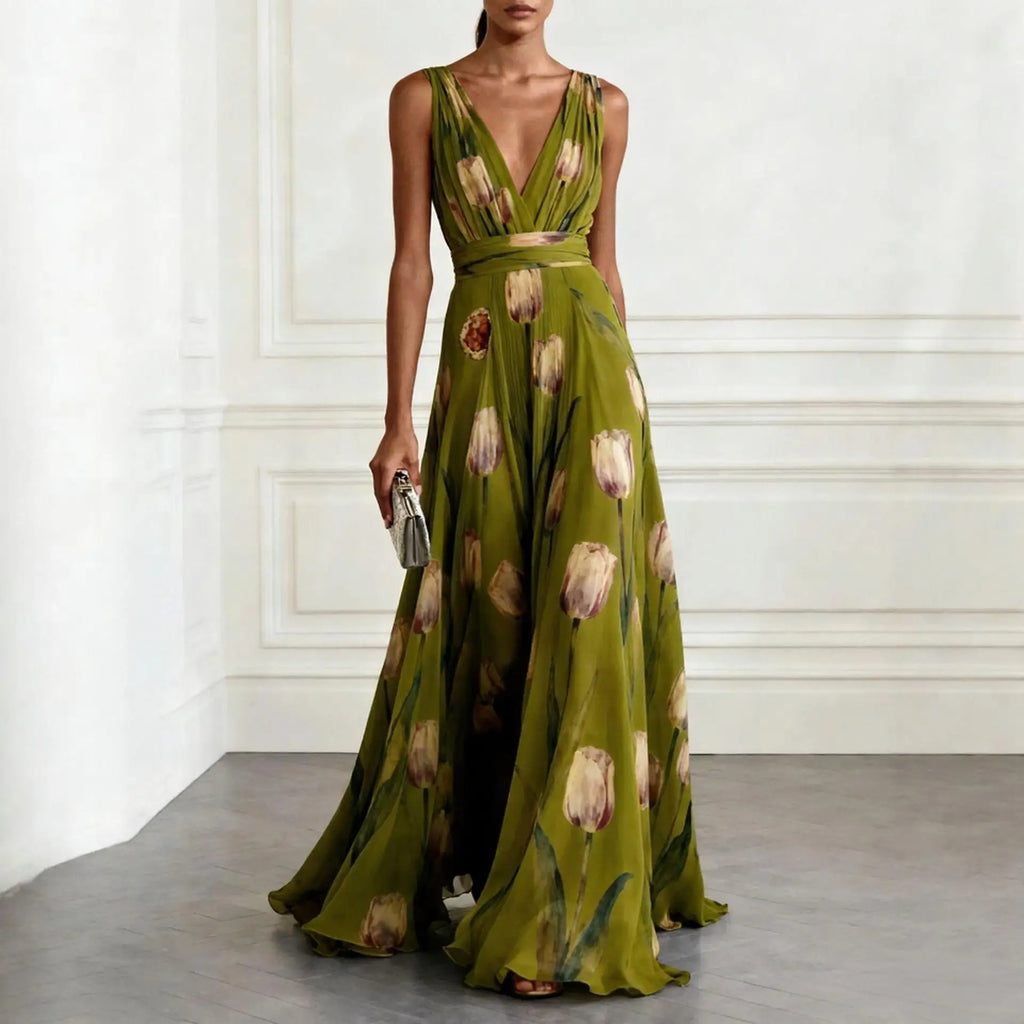 Mathilde | Damen V-Ausschnitt Maxikleid Blumenmuster