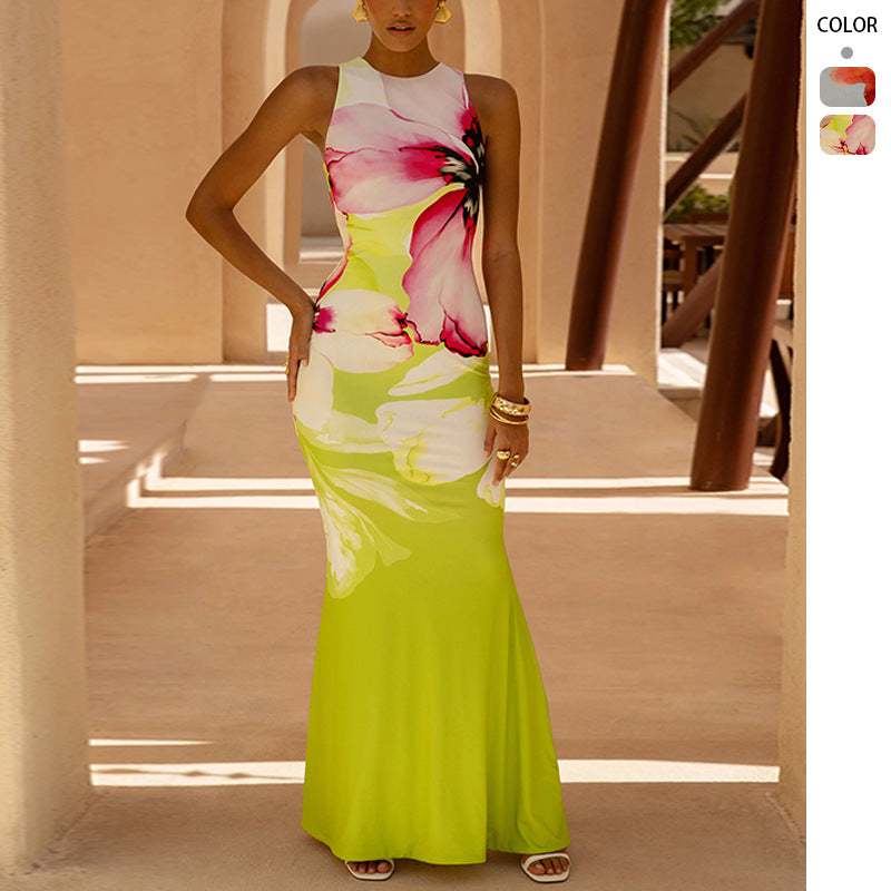 Nadège | Damen Florales Maxikleid Ärmellos Figurbetonend