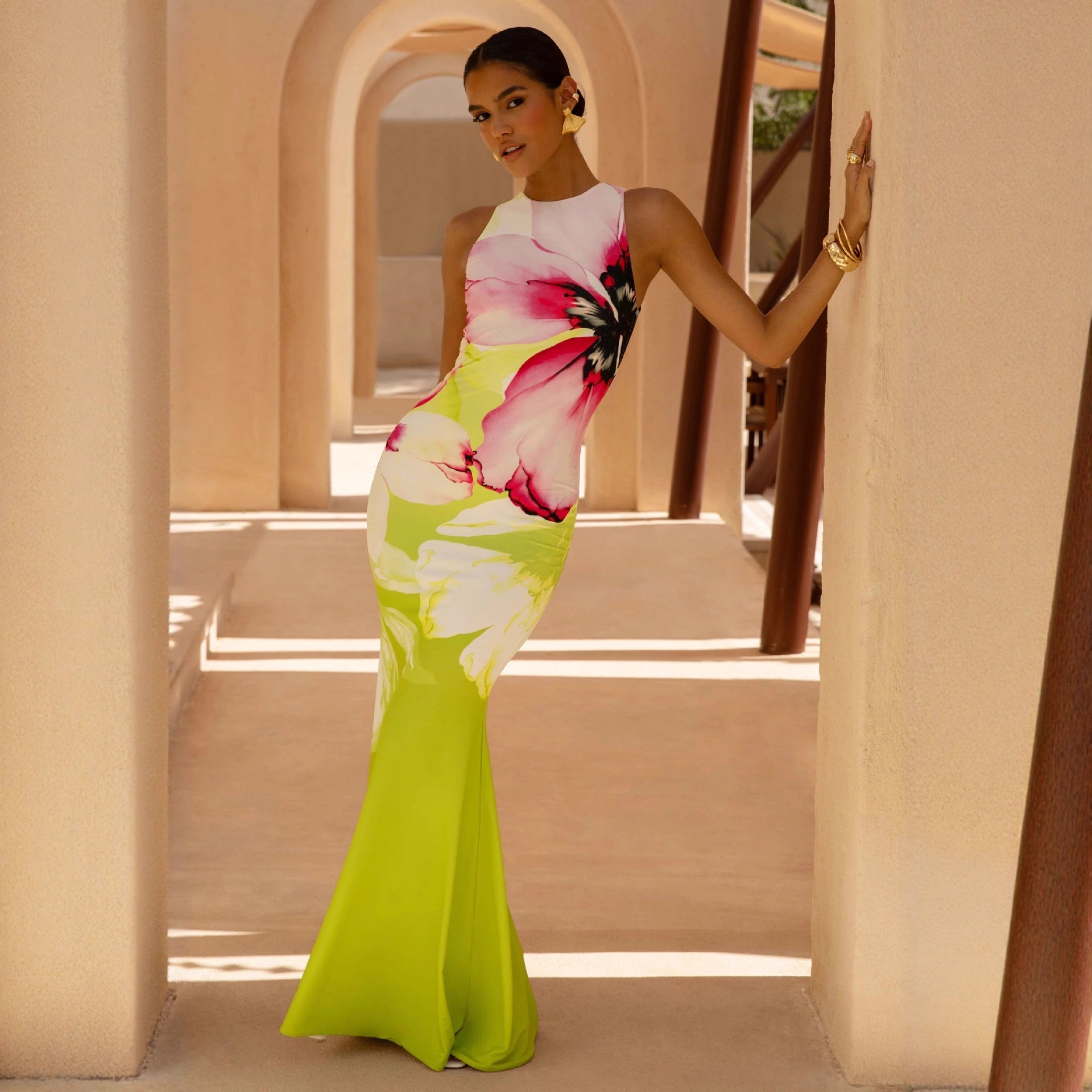 Nadège | Damen Florales Maxikleid Ärmellos Figurbetonend