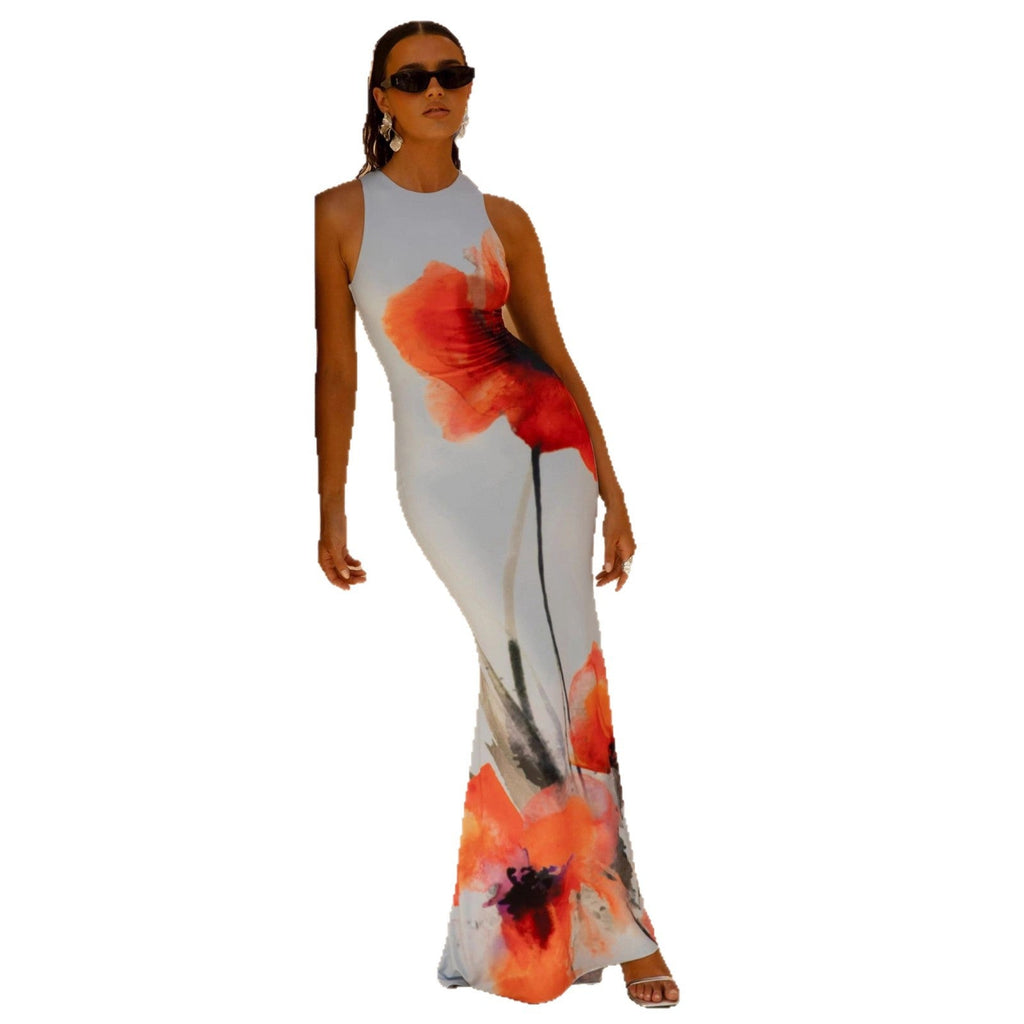 Nadège | Damen Florales Maxikleid Ärmellos Figurbetonend
