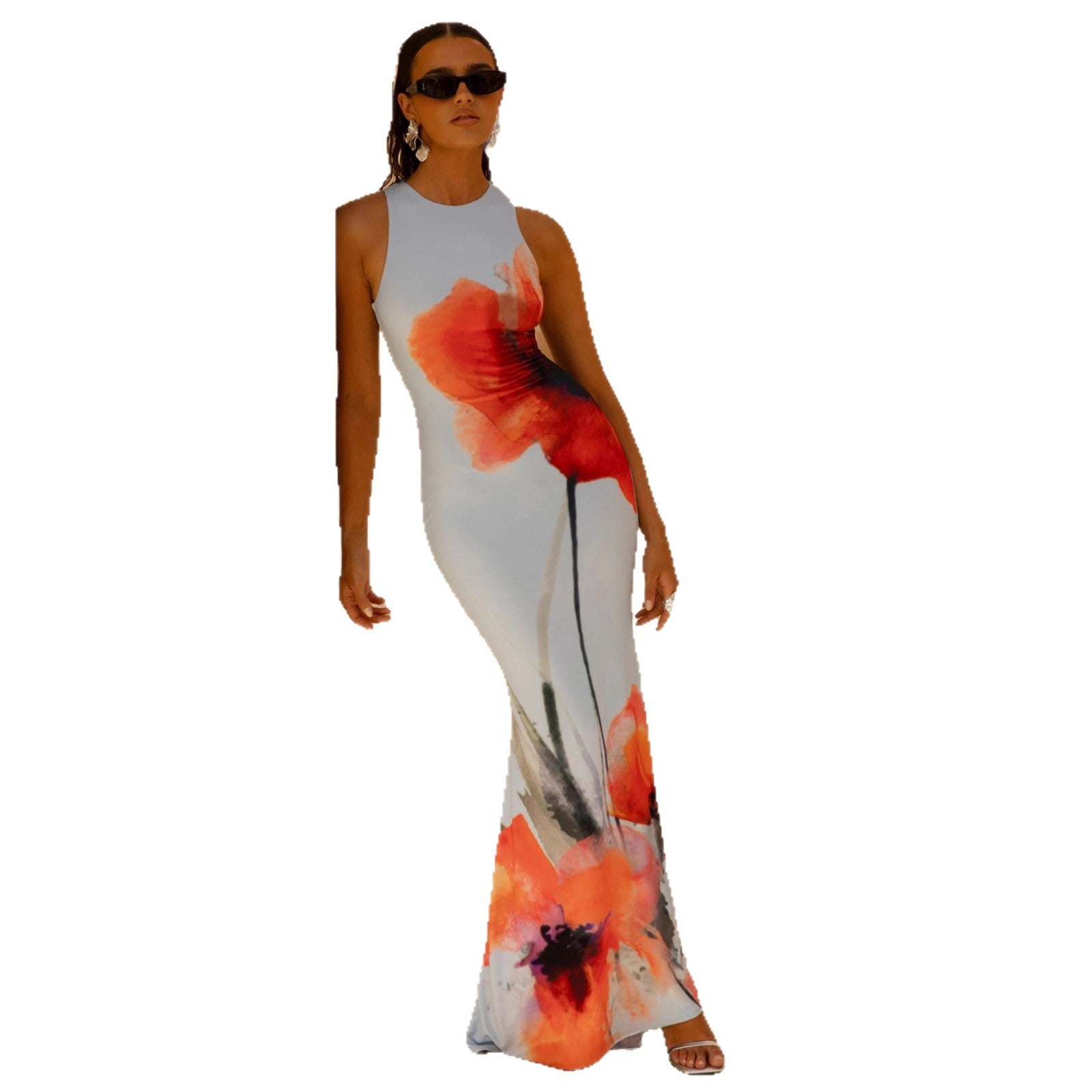Nadège | Damen Florales Maxikleid Ärmellos Figurbetonend