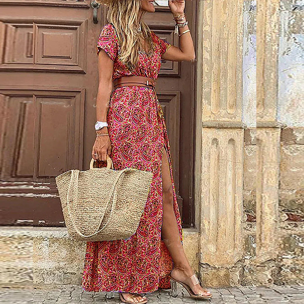 Isabella | Damen Boho Maxi-Kleid Paisley V-Ausschnitt Gürtel