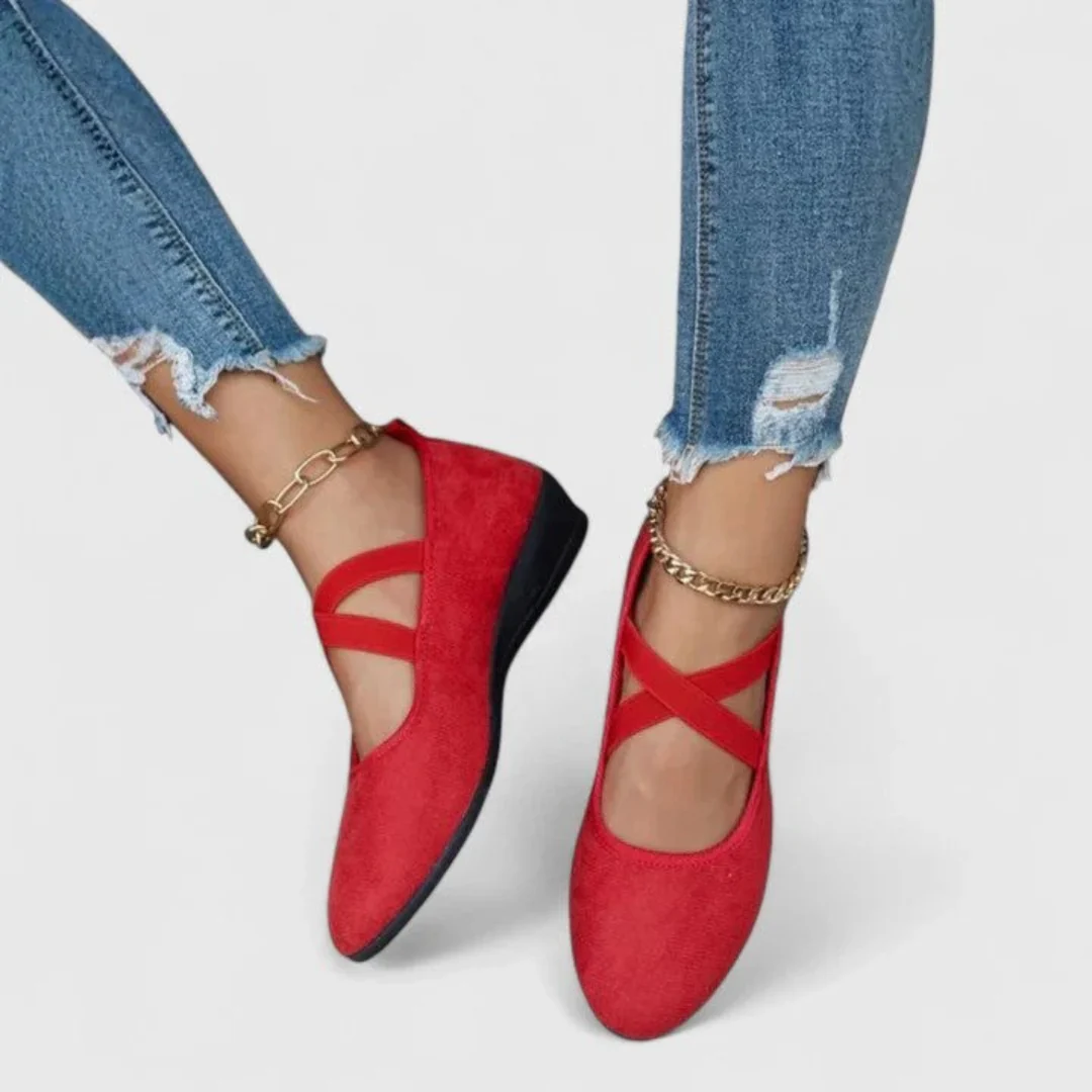 Sandalen Damen mit elastischen Überkreuzriemen und Keilabsatz