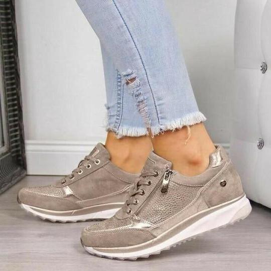 Sneaker Damen mit Strass-Besatz und Reißverschluss und Keilsohle