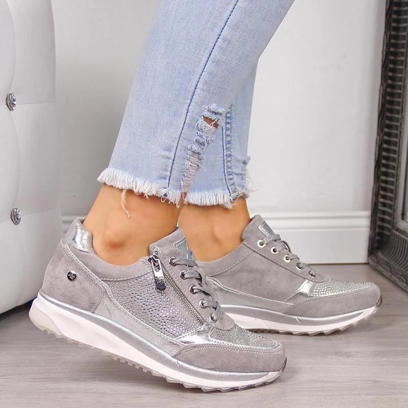 Sneaker Damen mit Strass-Besatz und Reißverschluss und Keilsohle