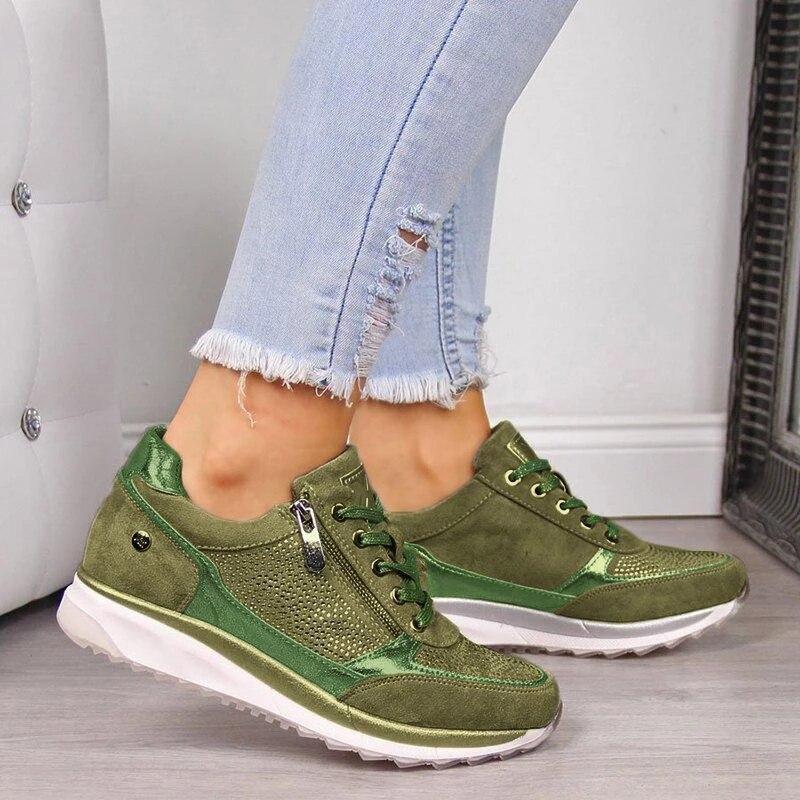 Sneaker Damen mit Strass-Besatz und Reißverschluss und Keilsohle