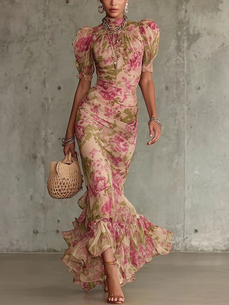 Solange | Damen Blumendruck Puffärmel Maxikleid