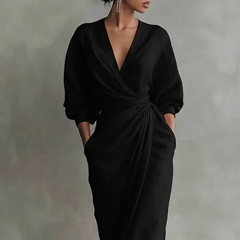 Solange | Damen V-Ausschnitt Langarm Wickelkleid