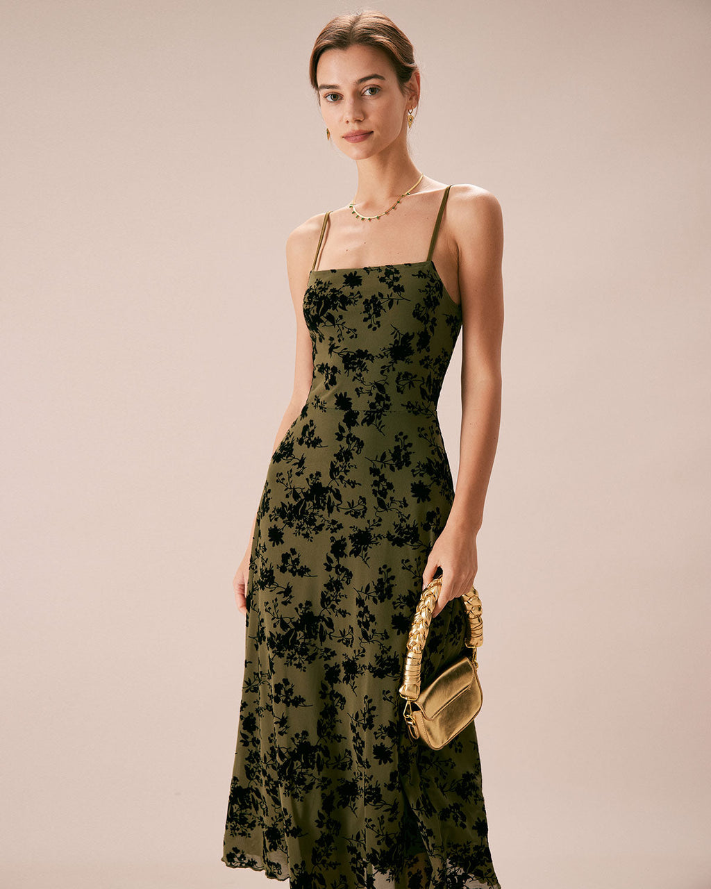 Helena | Damen Floral-Midikleid in A-Linie – Grün