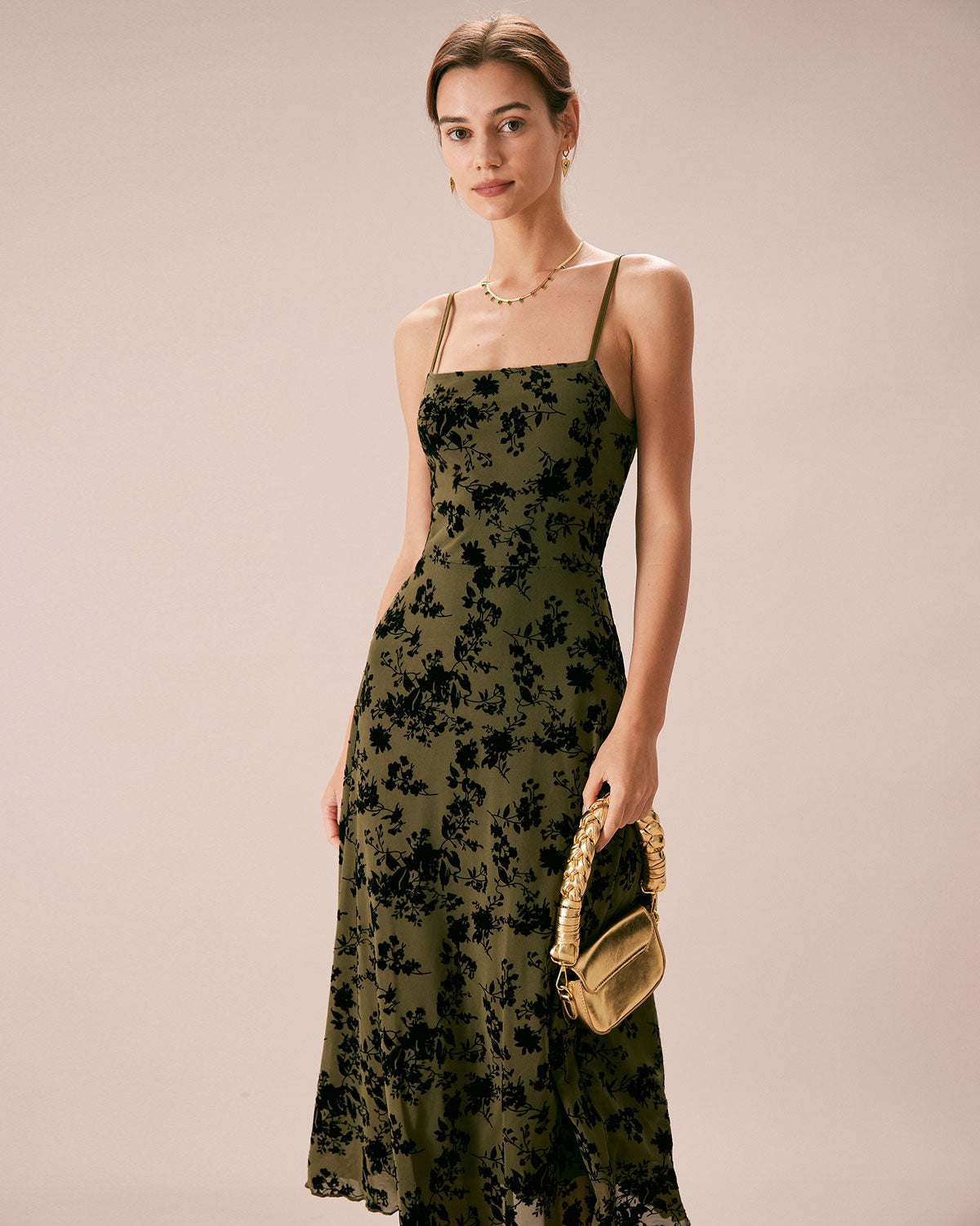 Helena | Damen Floral-Midikleid in A-Linie – Grün