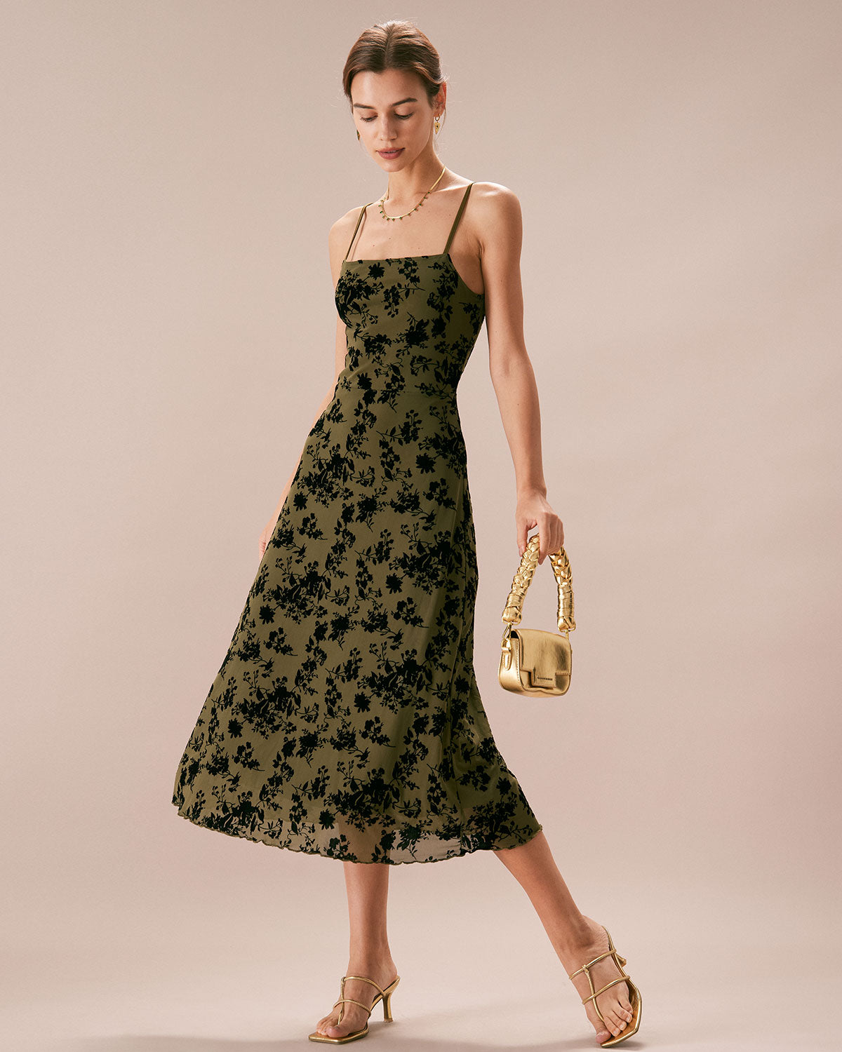 Helena | Damen Floral-Midikleid in A-Linie – Grün