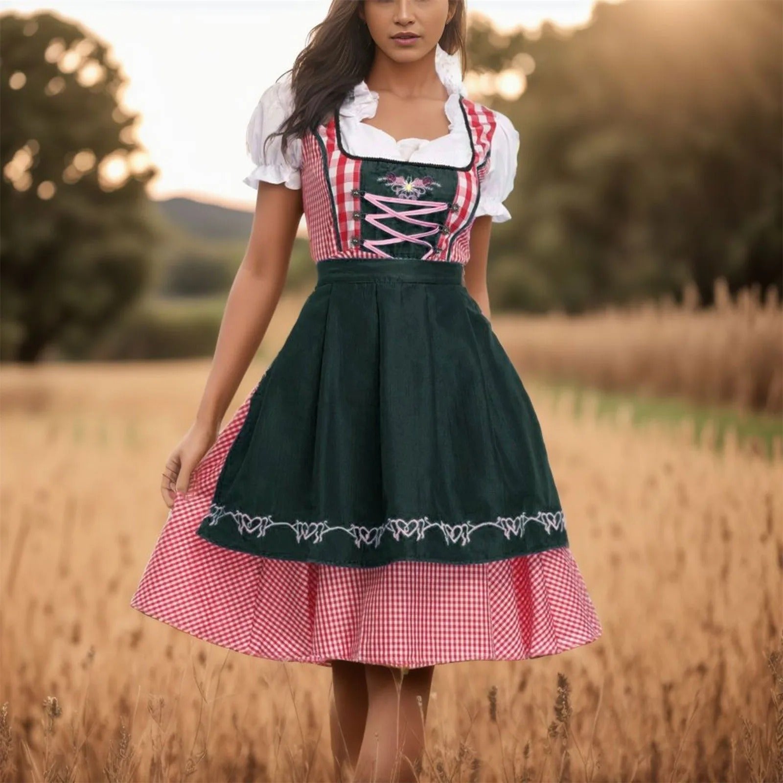 Greta | Damen Dirndl Kariert Oktoberfest Trachtenkleid mit Schürze