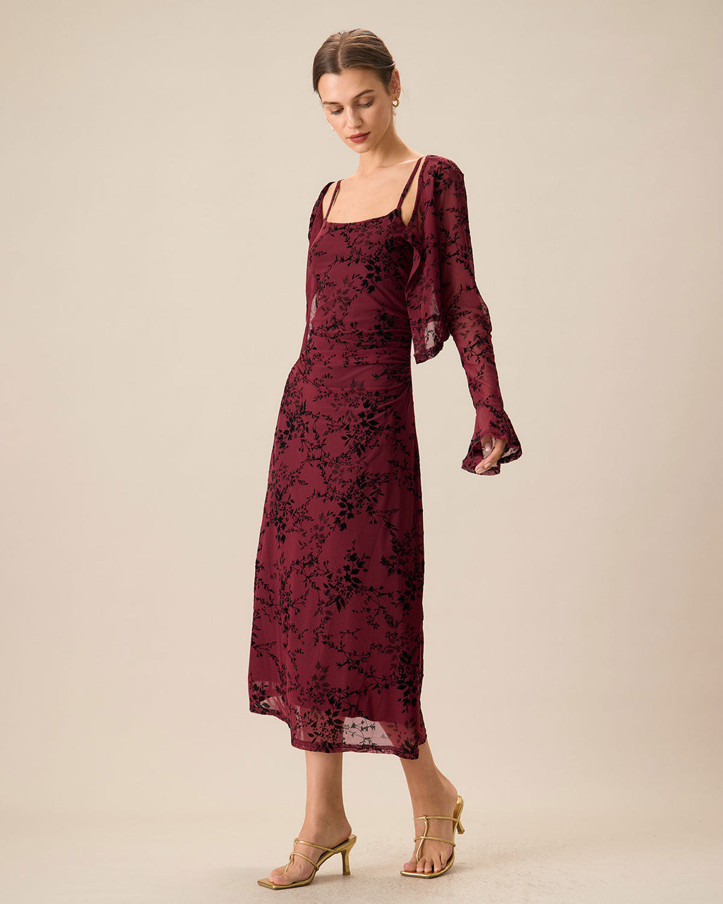 Hélène | Damen Floral-Midikleid figurbetont – Rot