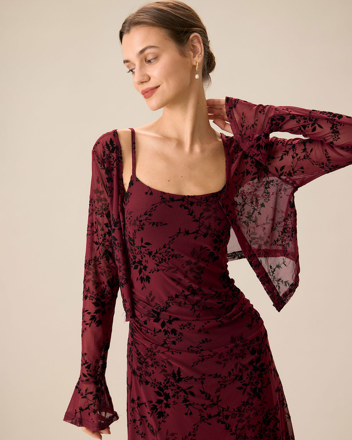 Hélène | Damen Floral-Midikleid figurbetont – Rot