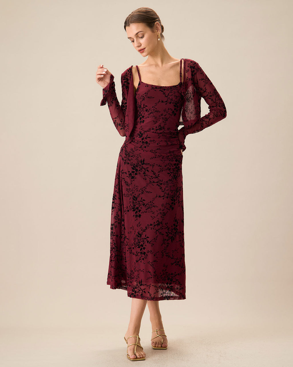 Hélène | Damen Floral-Midikleid figurbetont – Rot