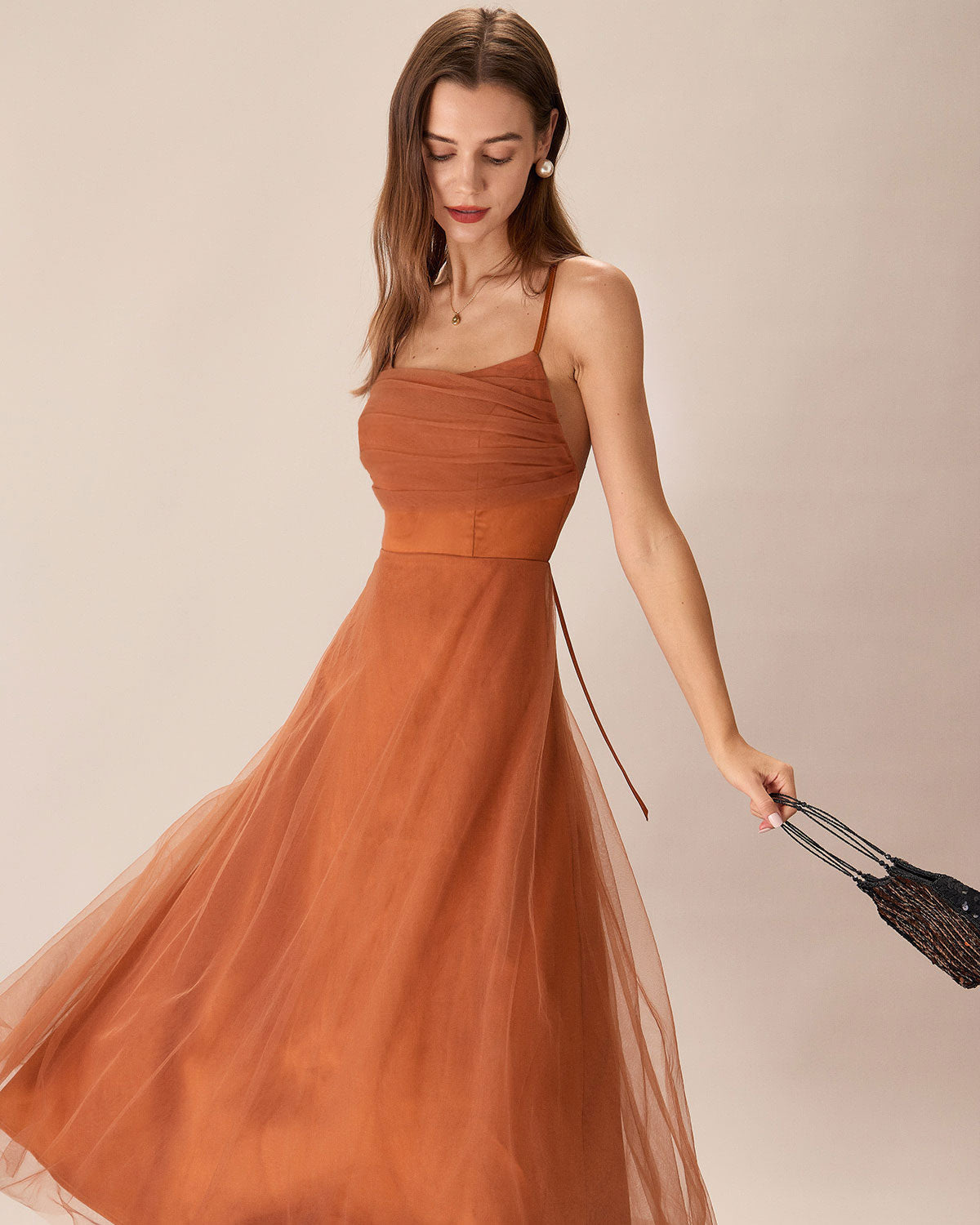 Malia | Damen Mesh-Midikleid fließend – Karamell