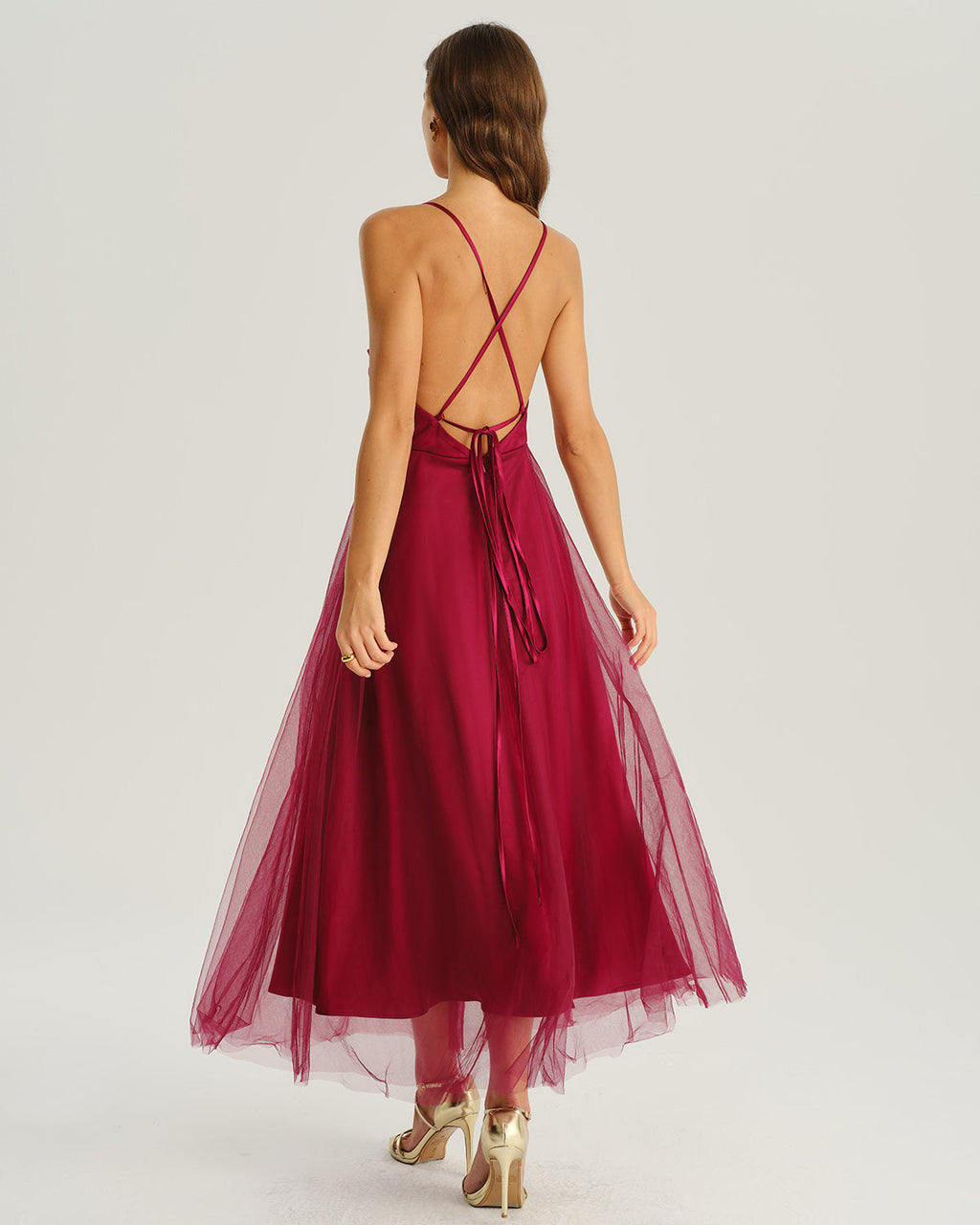 Thalia | Damen Mesh-Midikleid fließend – Bordeaux
