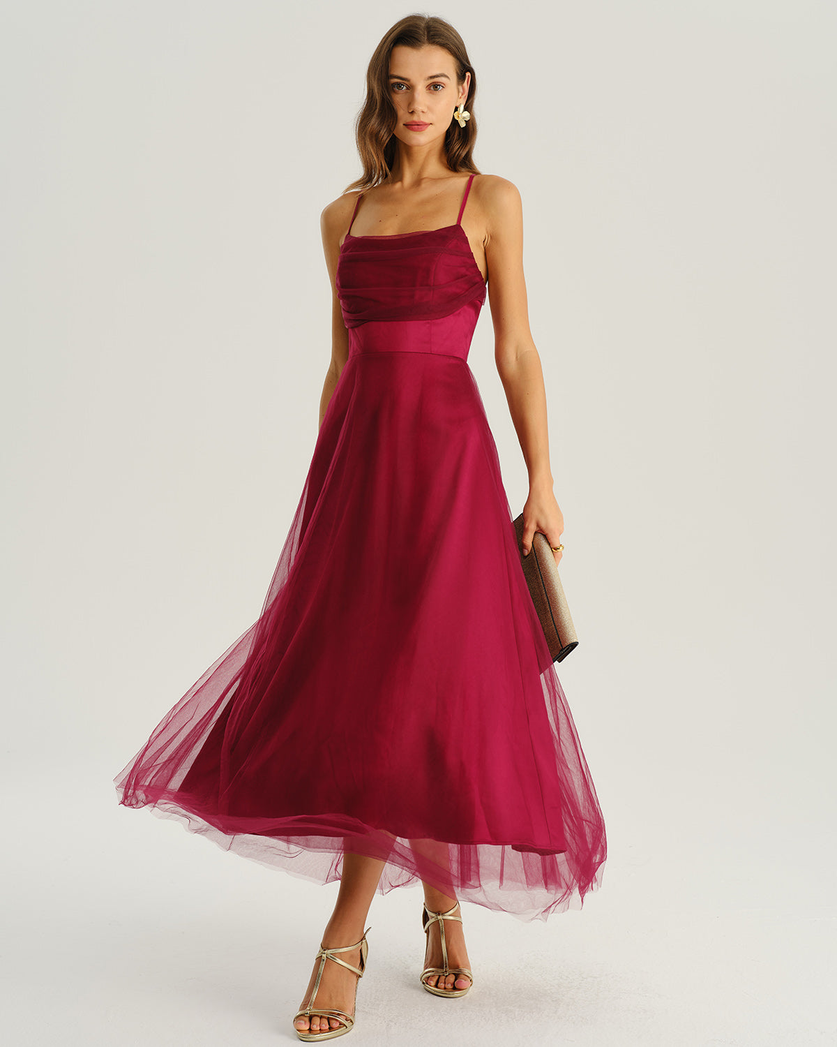 Thalia | Damen Mesh-Midikleid fließend – Bordeaux