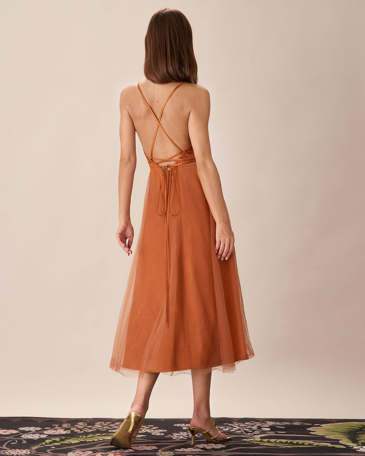 Malia | Damen Mesh-Midikleid fließend – Karamell