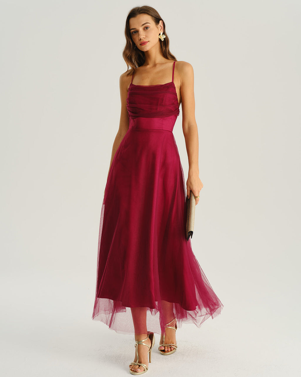 Thalia | Damen Mesh-Midikleid fließend – Bordeaux