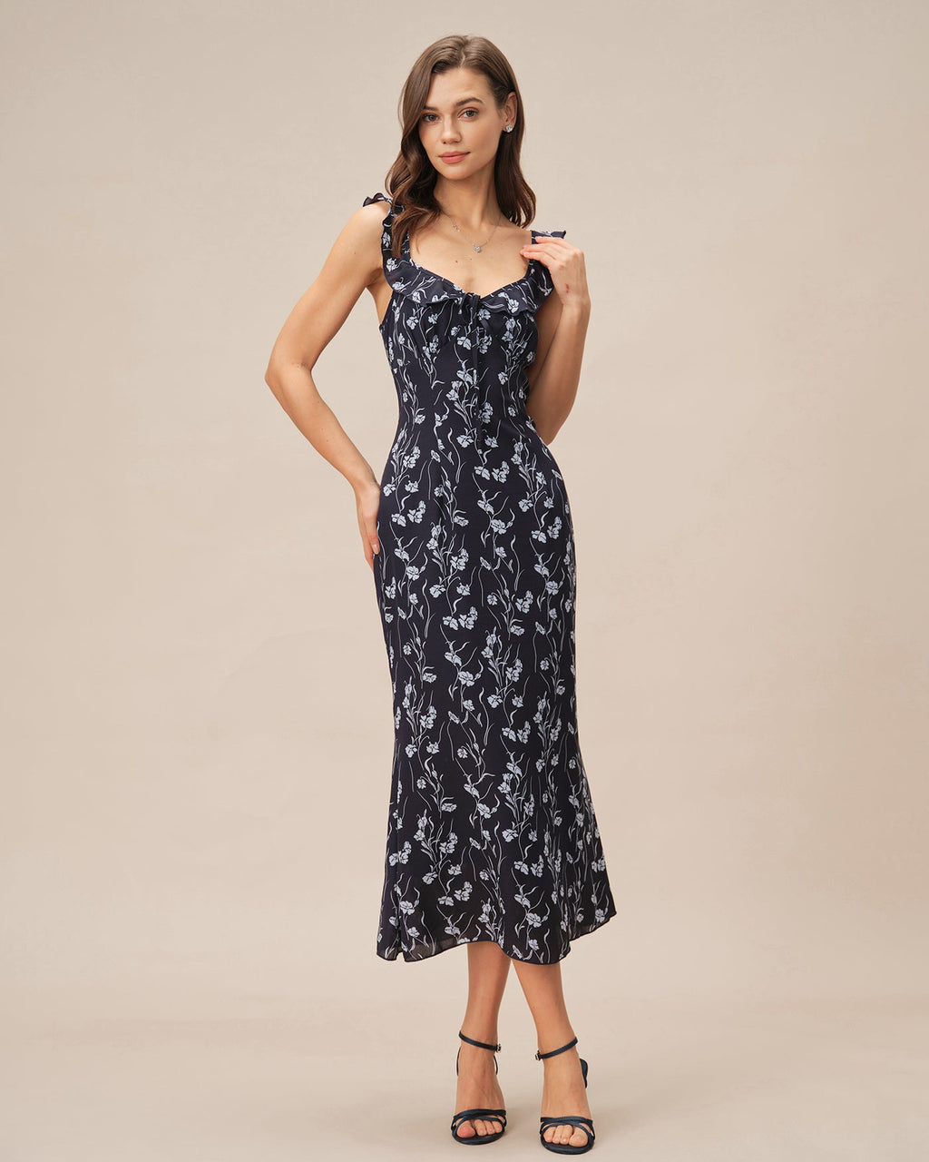 Lorena | Damen Floral-Midikleid in A-Linie – Blau