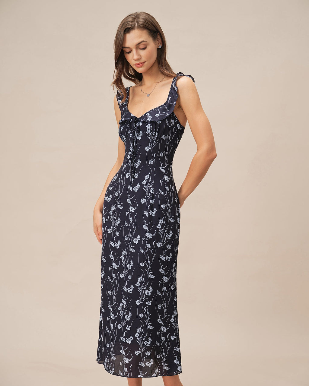 Lorena | Damen Floral-Midikleid in A-Linie – Blau