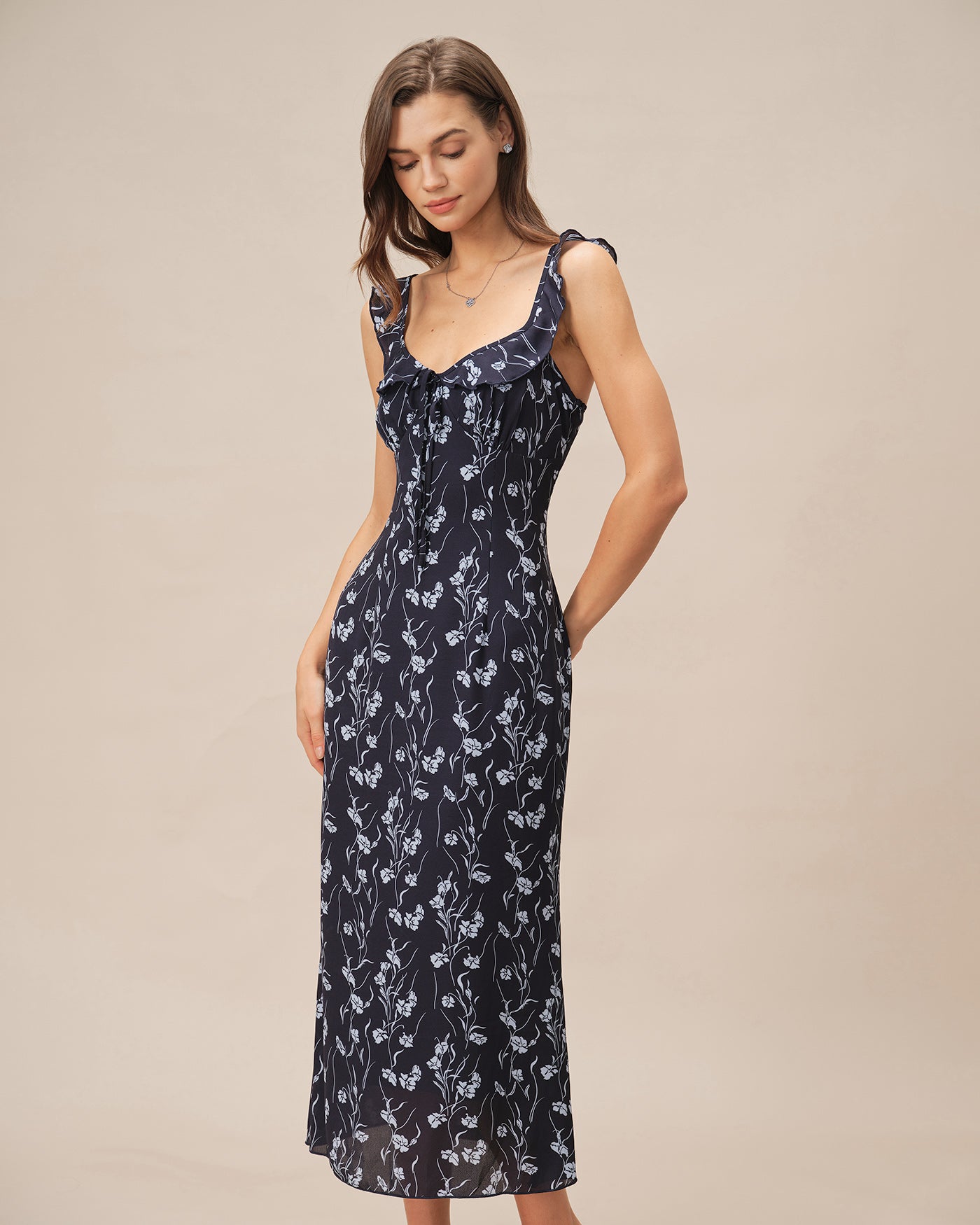 Lorena | Damen Floral-Midikleid in A-Linie – Blau