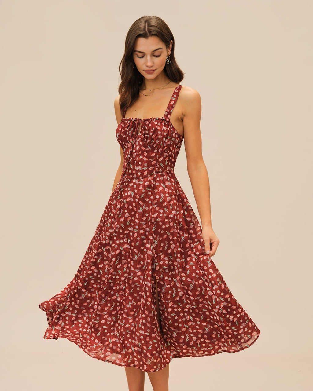 Winona | Damen Floral-Midikleid – Bordeaux