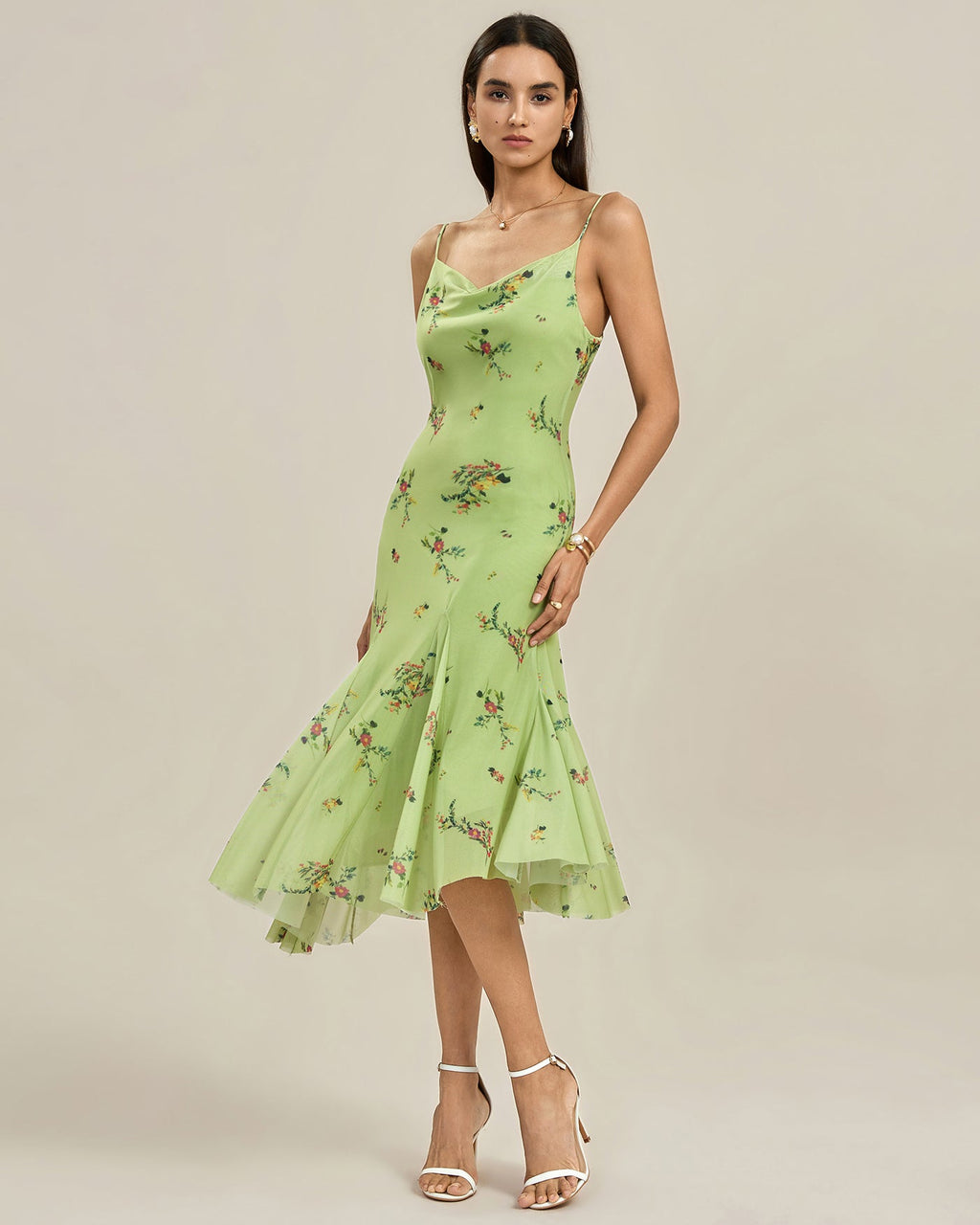Aurelia | Damen Floral-Midikleid mit Struktur – Grün