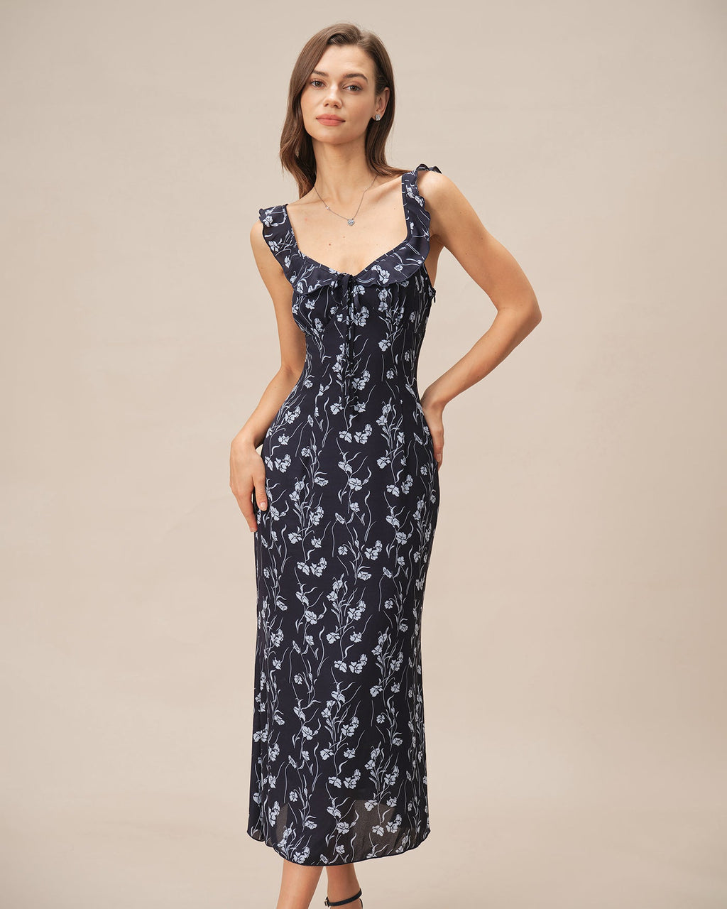 Lorena | Damen Floral-Midikleid in A-Linie – Blau