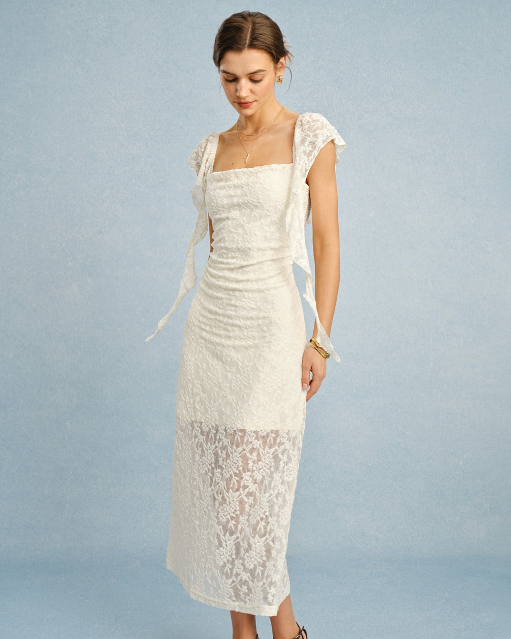 Camille | Damen Floral-Midikleid mit Volants – Apricot