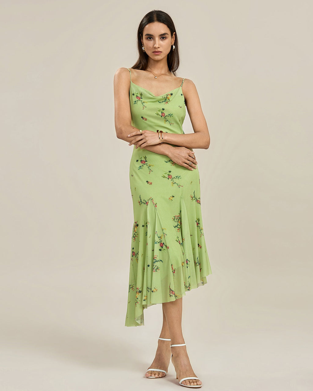 Aurelia | Damen Floral-Midikleid mit Struktur – Grün