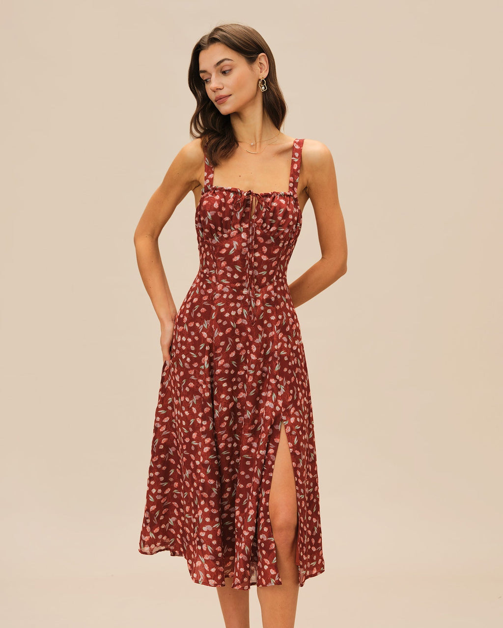 Winona | Damen Floral-Midikleid – Bordeaux