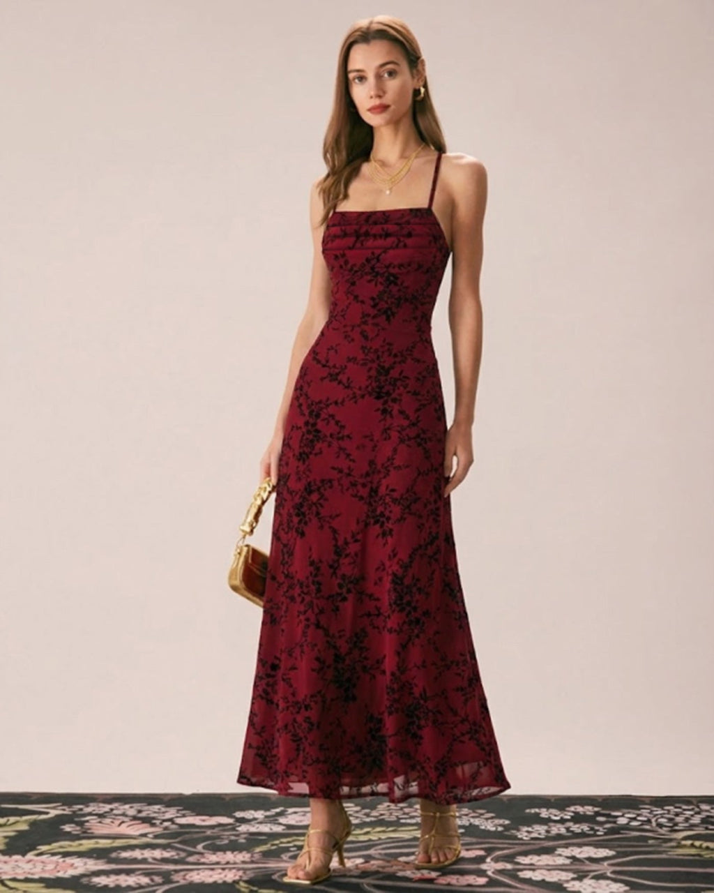 Delphine | Damen Floral-Maxikleid – Bordeaux