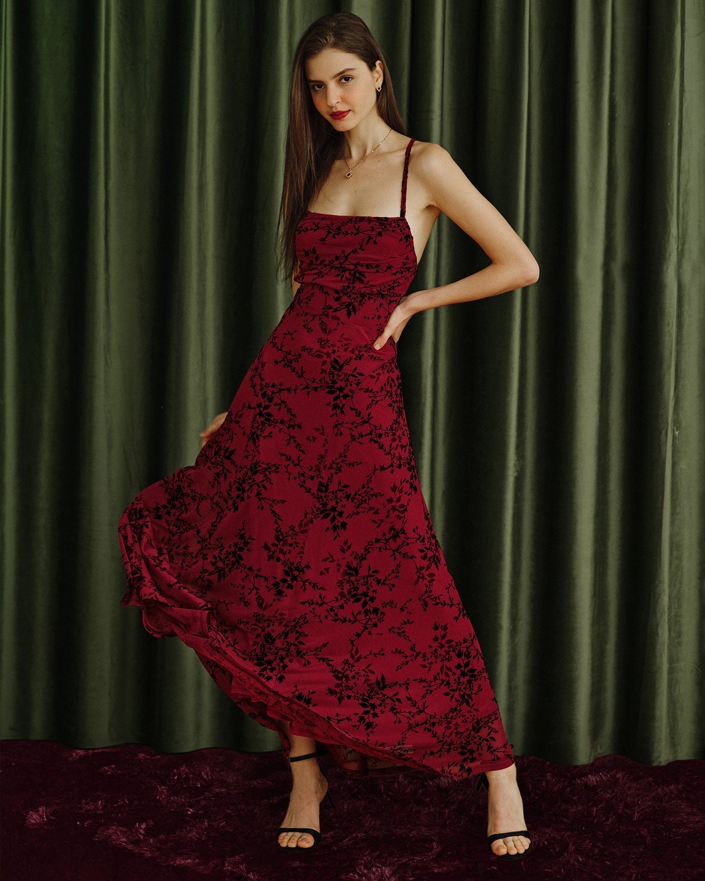 Delphine | Damen Floral-Maxikleid – Bordeaux