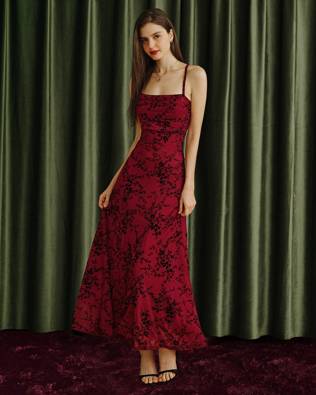 Delphine | Damen Floral-Maxikleid – Bordeaux