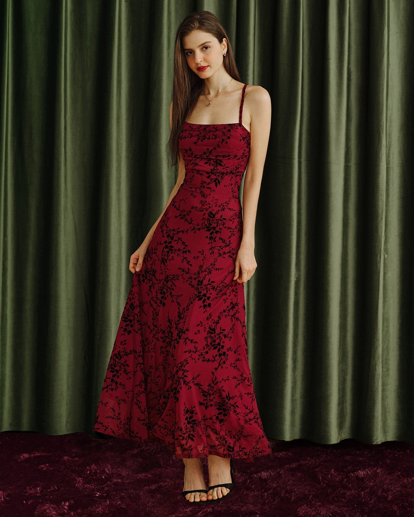 Delphine | Damen Floral-Maxikleid – Bordeaux