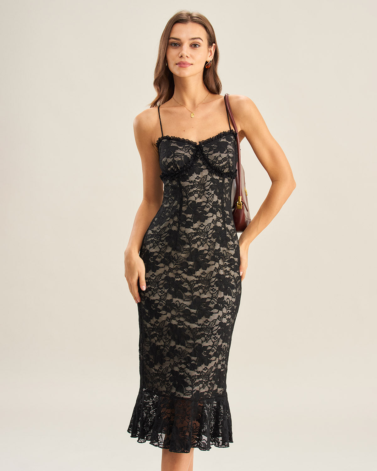 Selene | Damen Spitzen-Midikleid im Meerjungfrau-Schnitt – Schwarz