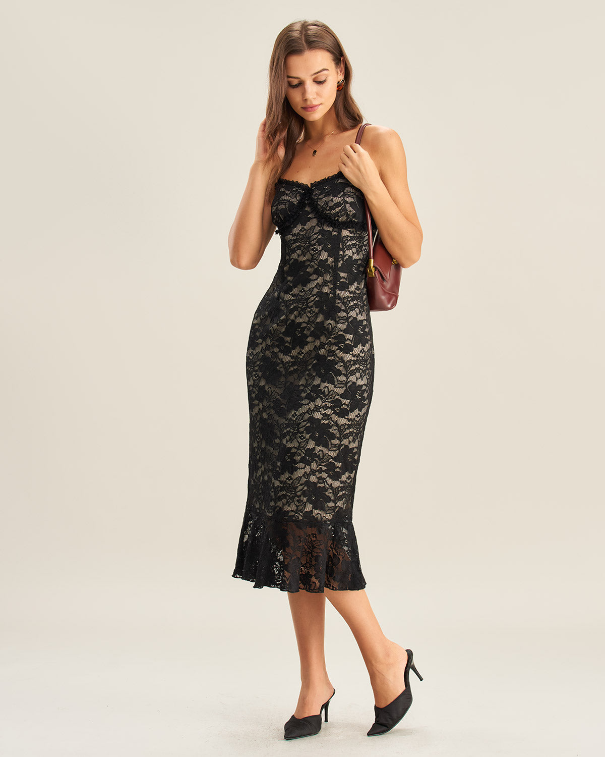 Selene | Damen Spitzen-Midikleid im Meerjungfrau-Schnitt – Schwarz