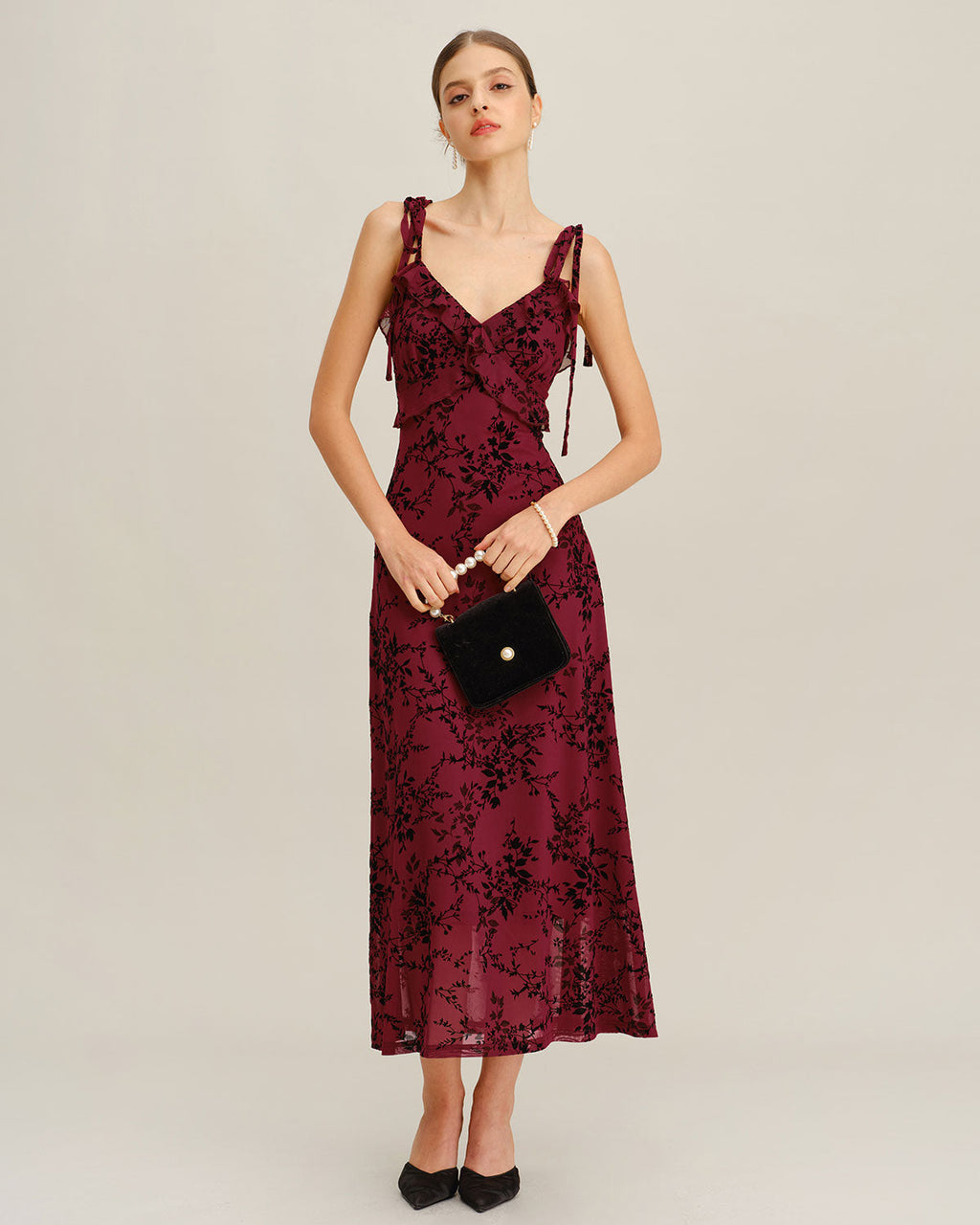Dahlia | Damen Floral-Midikleid mit Volants – Rot