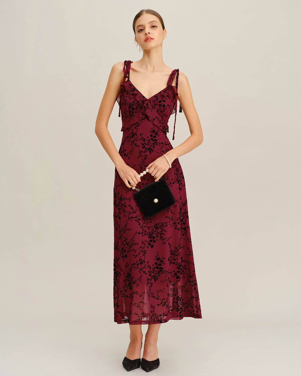 Dahlia | Damen Floral-Midikleid mit Volants – Rot