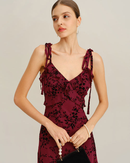 Dahlia | Damen Floral-Midikleid mit Volants – Rot