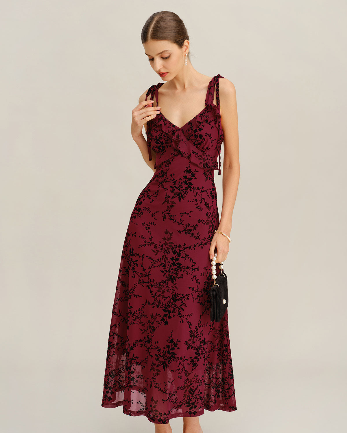 Dahlia | Damen Floral-Midikleid mit Volants – Rot