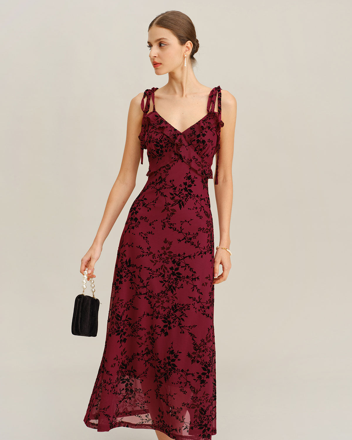 Dahlia | Damen Floral-Midikleid mit Volants – Rot